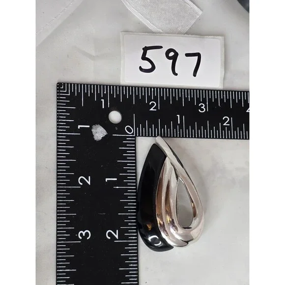 Napier Silver Tone Black Enamel Teardrop Modernist Brooch Sleek Minimalist #597 - Picture 7 of 8
